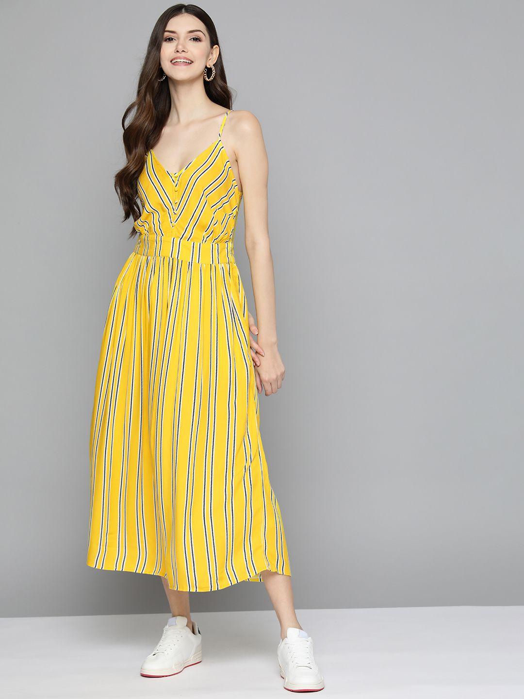 mast & harbour yellow & black striped shoulder straps a-line midi dress