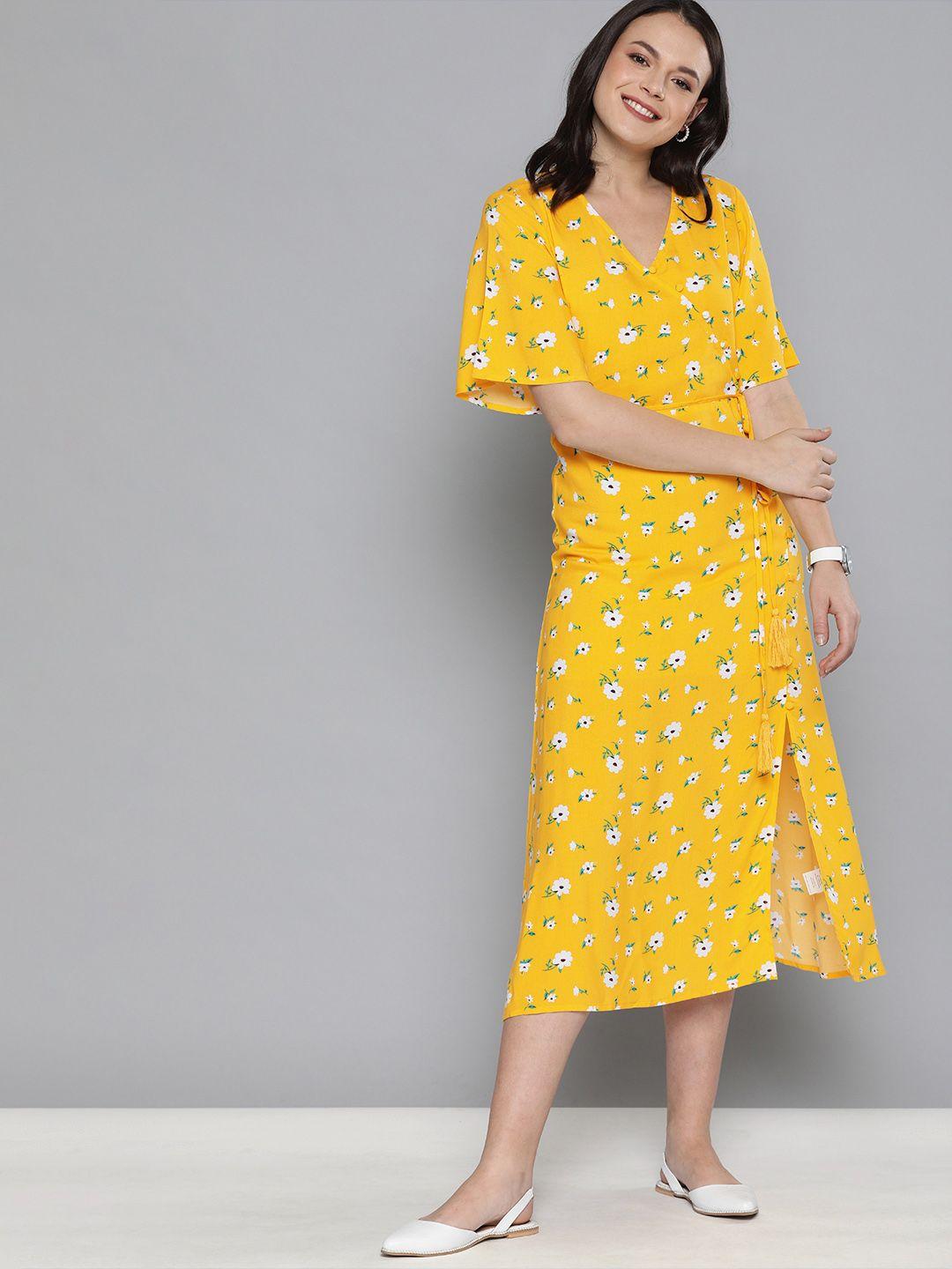 mast & harbour yellow daffodil print asymmetric button midi dress with slit