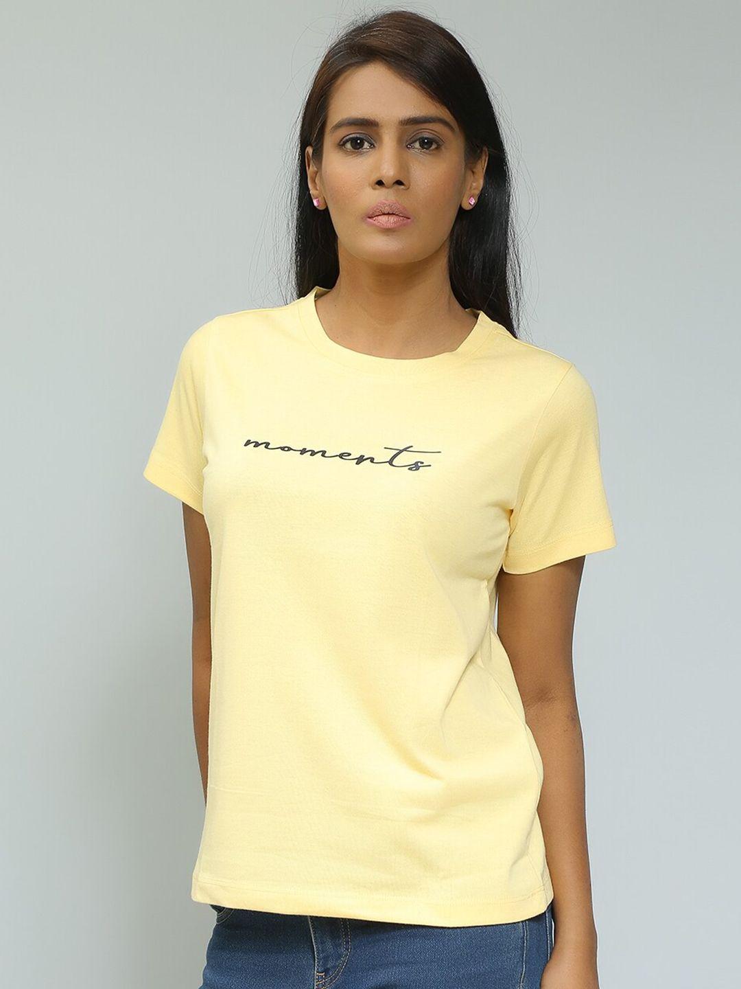 mast & harbour yellow relaxed fit typography printed casual pure cotton t-shirt