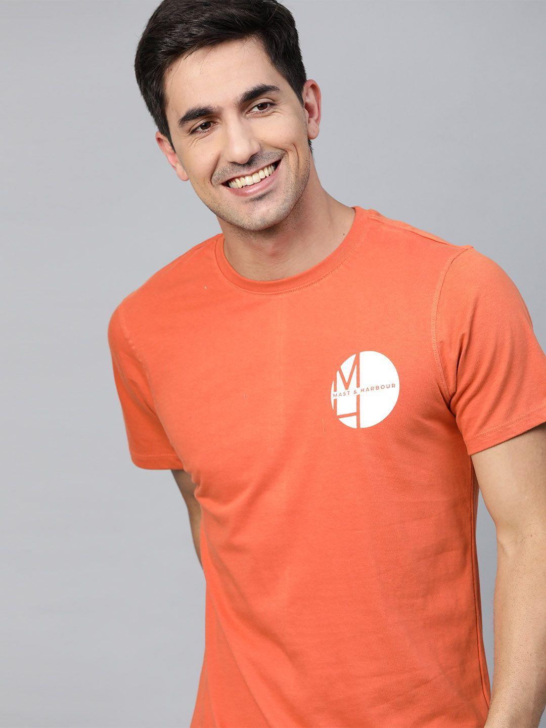 mast  harbour men coral orange brand logo pure cotton handcrafted pure cotton t-shirt