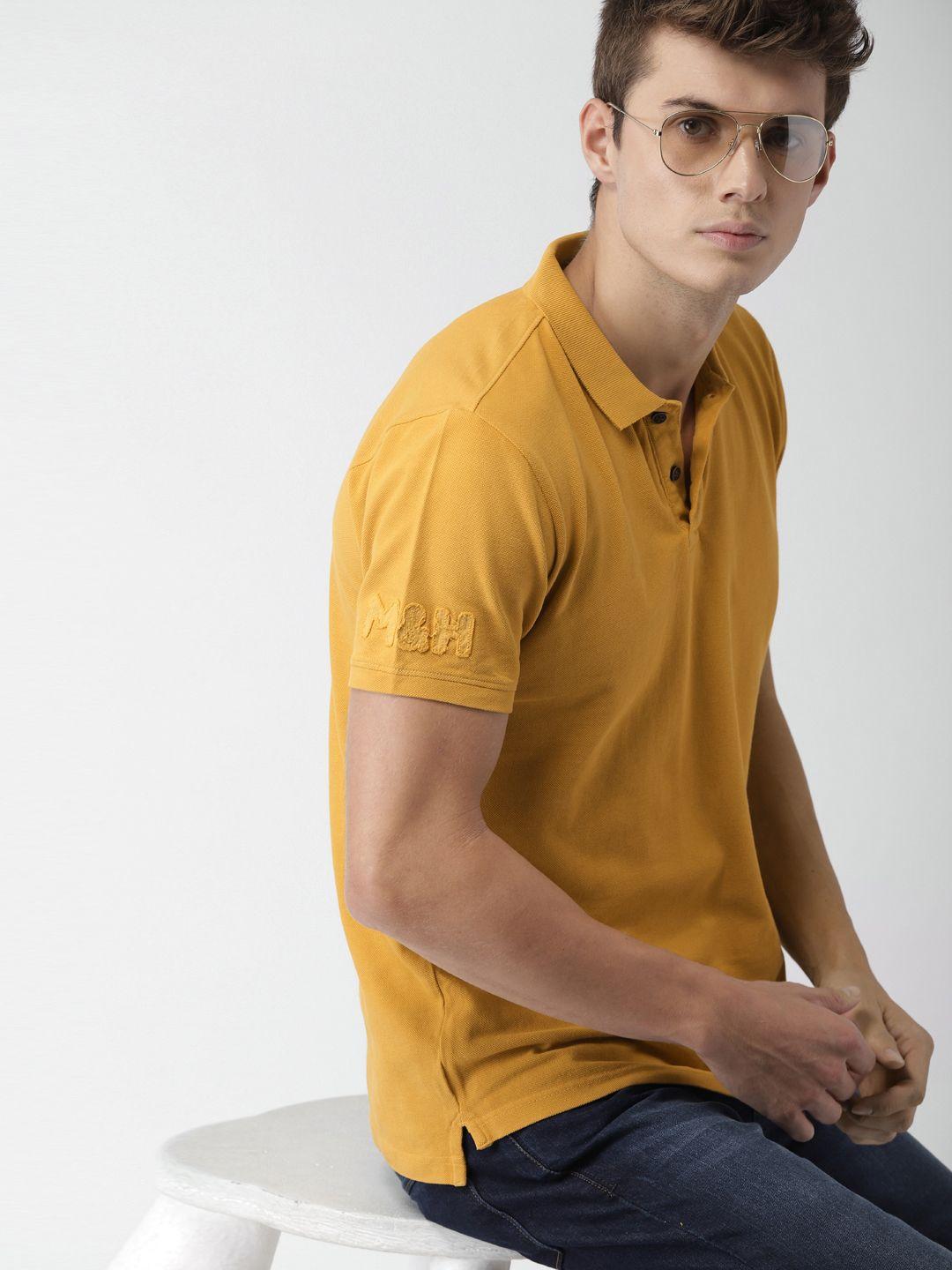 mast  harbour men mustard yellow solid polo collar pure cotton t-shirt