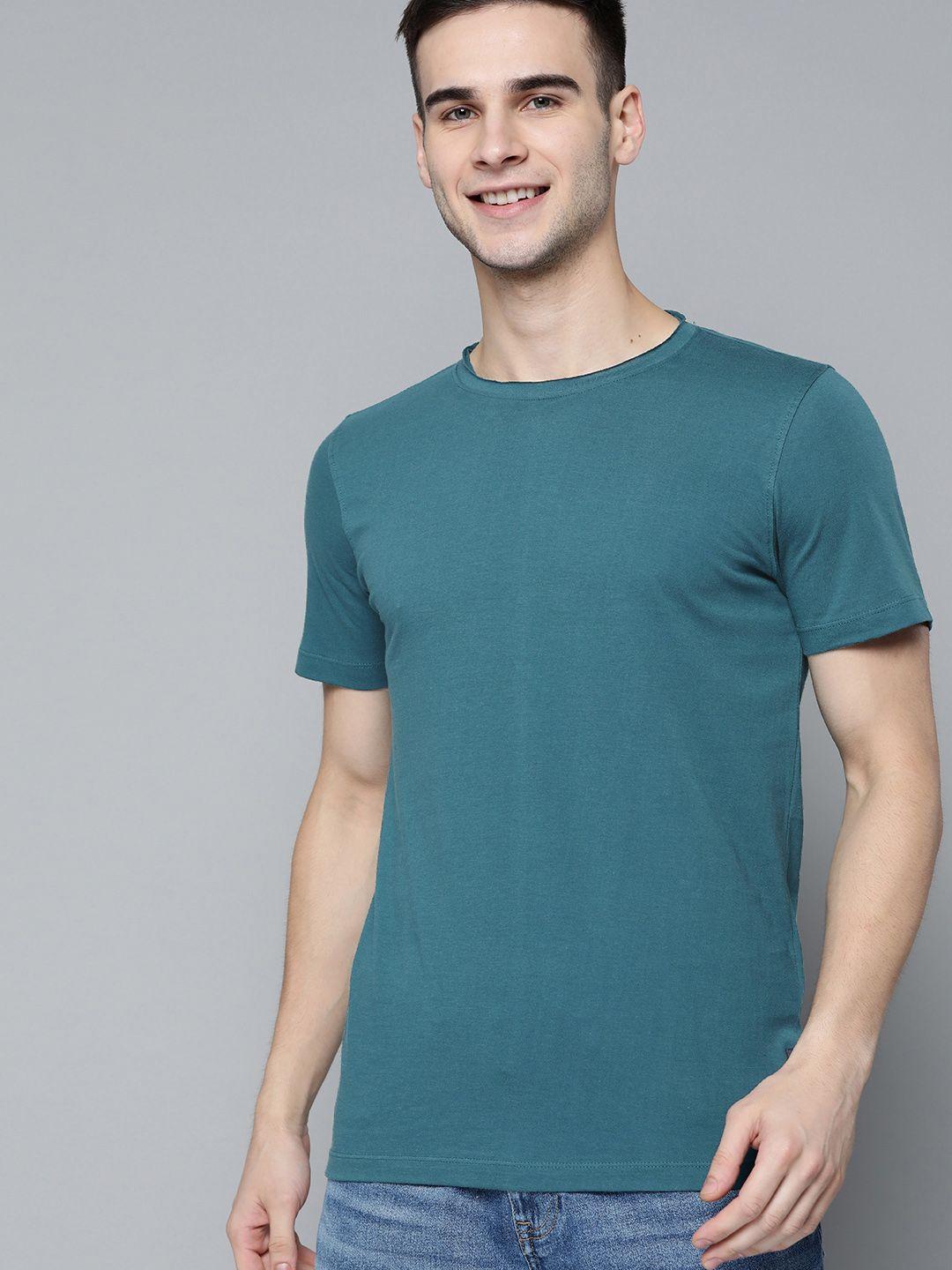 mast  harbour men teal blue pure cotton solid pure cotton t-shirt