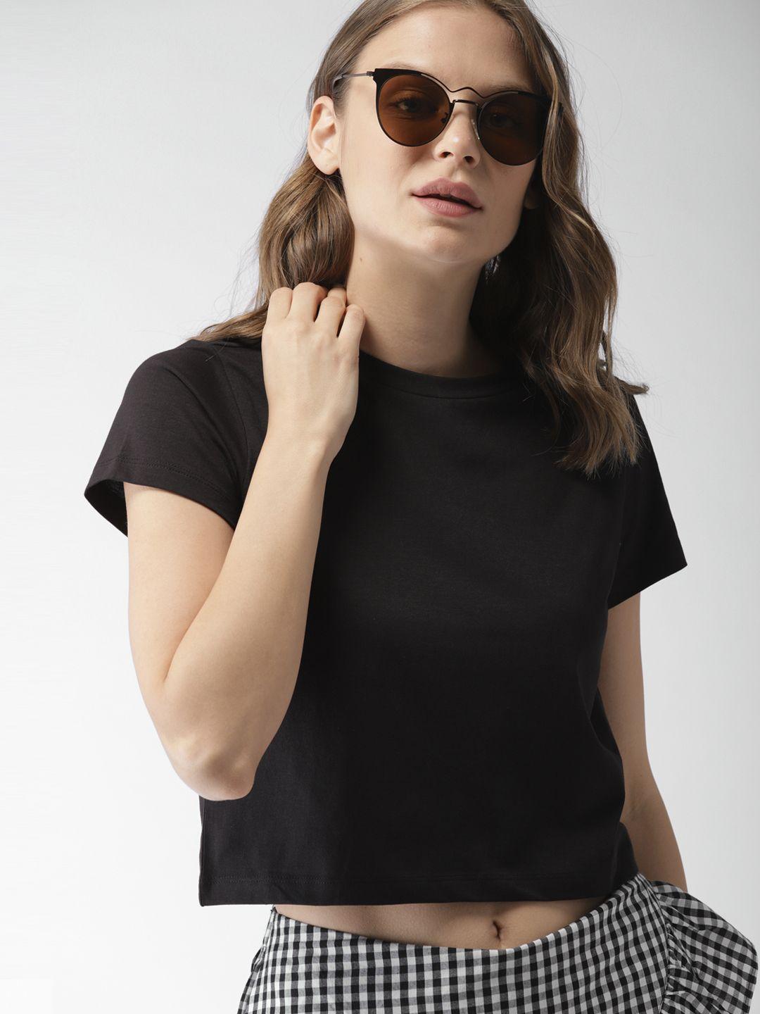 mast  harbour women black solid round neck crop pure cotton t-shirt