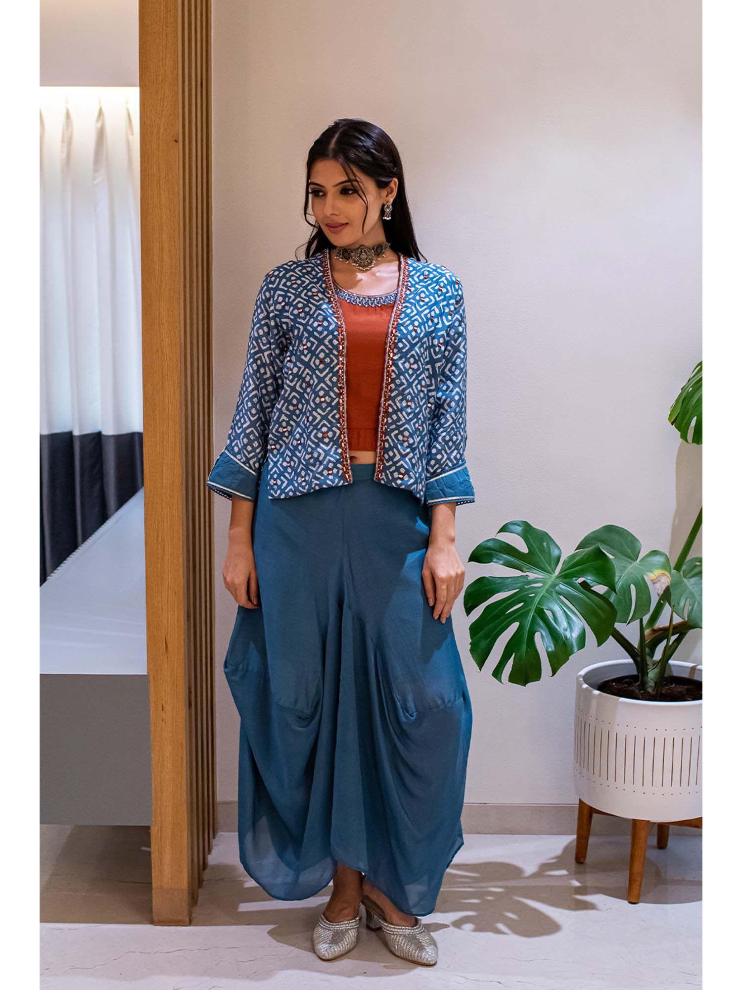 matargashti - rust top blue mirror jacket with turkey skirt (set of 3)