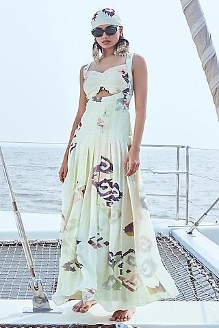 matcha green lurex georgette printed maxi dress