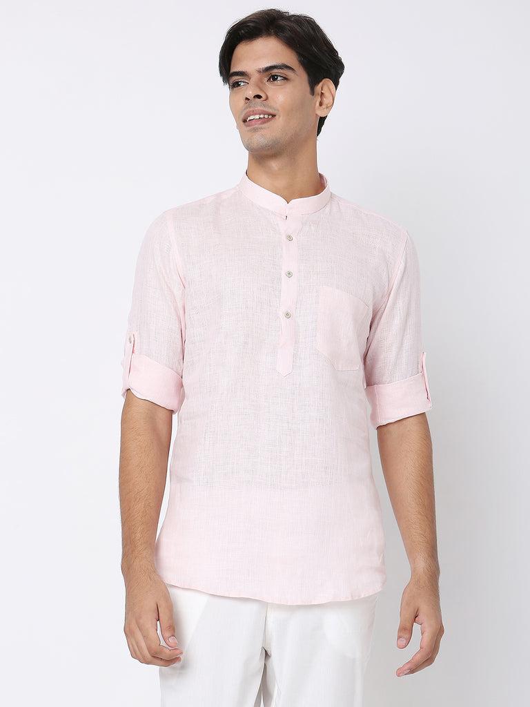 matchles men's pink linen solid kurta