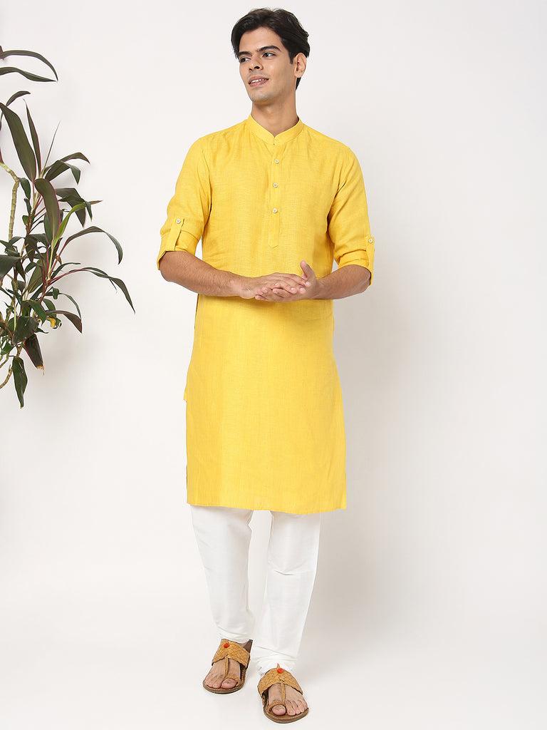 matchles men's yellow linen solid kurta