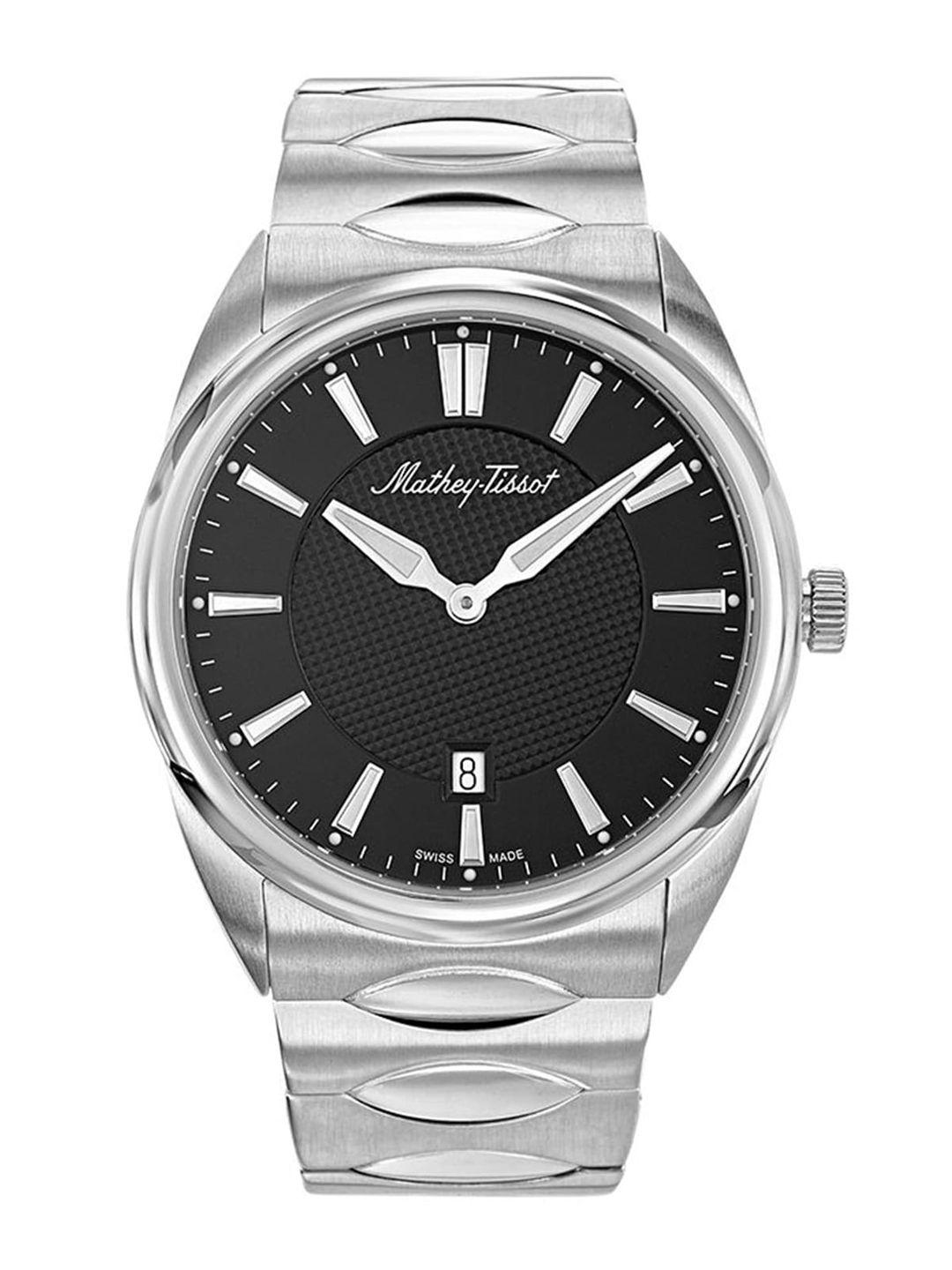 mathey-tissot men black brass dial & silver toned bracelet style strap analogue watch