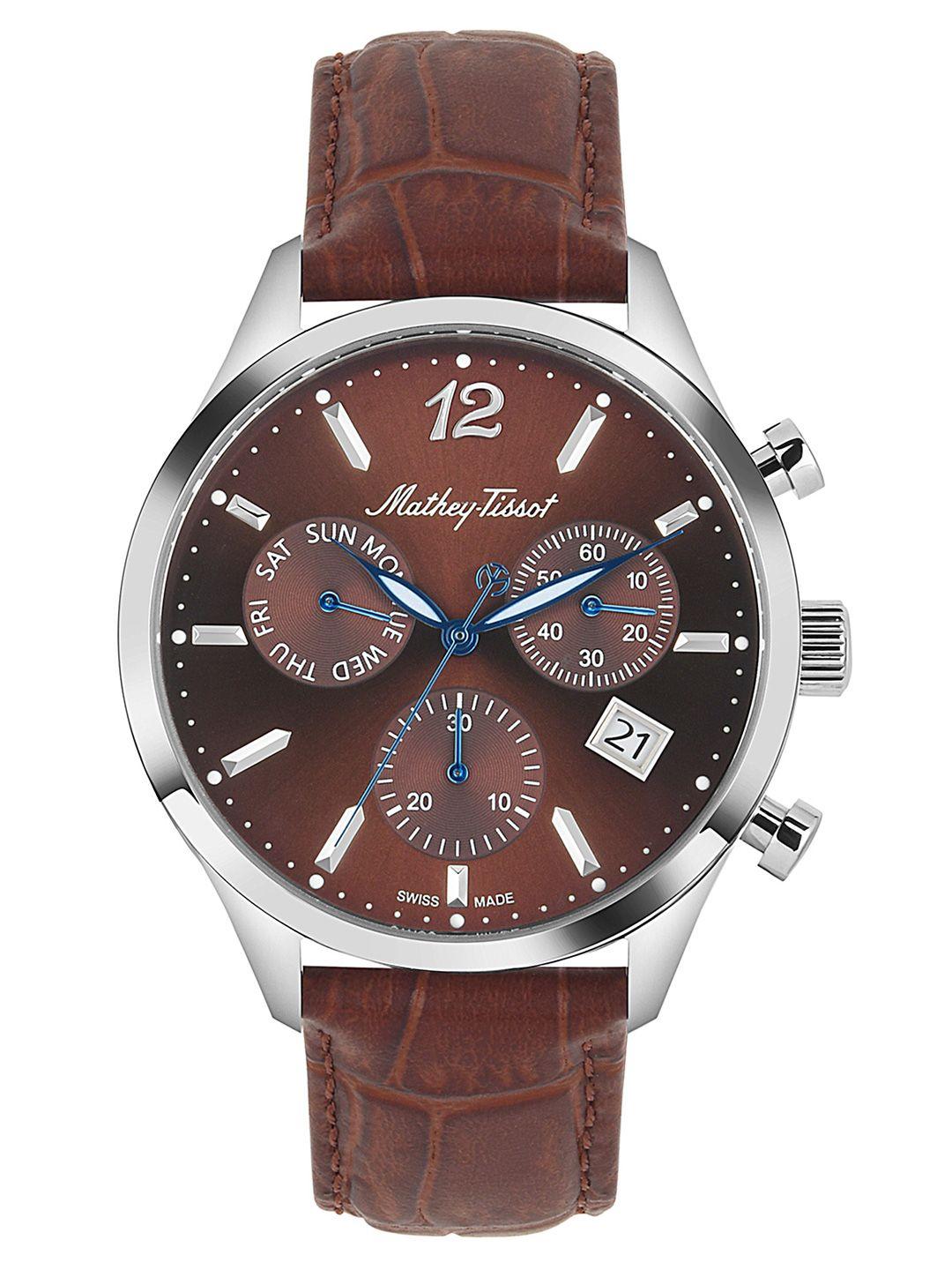 mathey-tissot men brown dial & brown leather  straps analogue watch h411chalm-brown