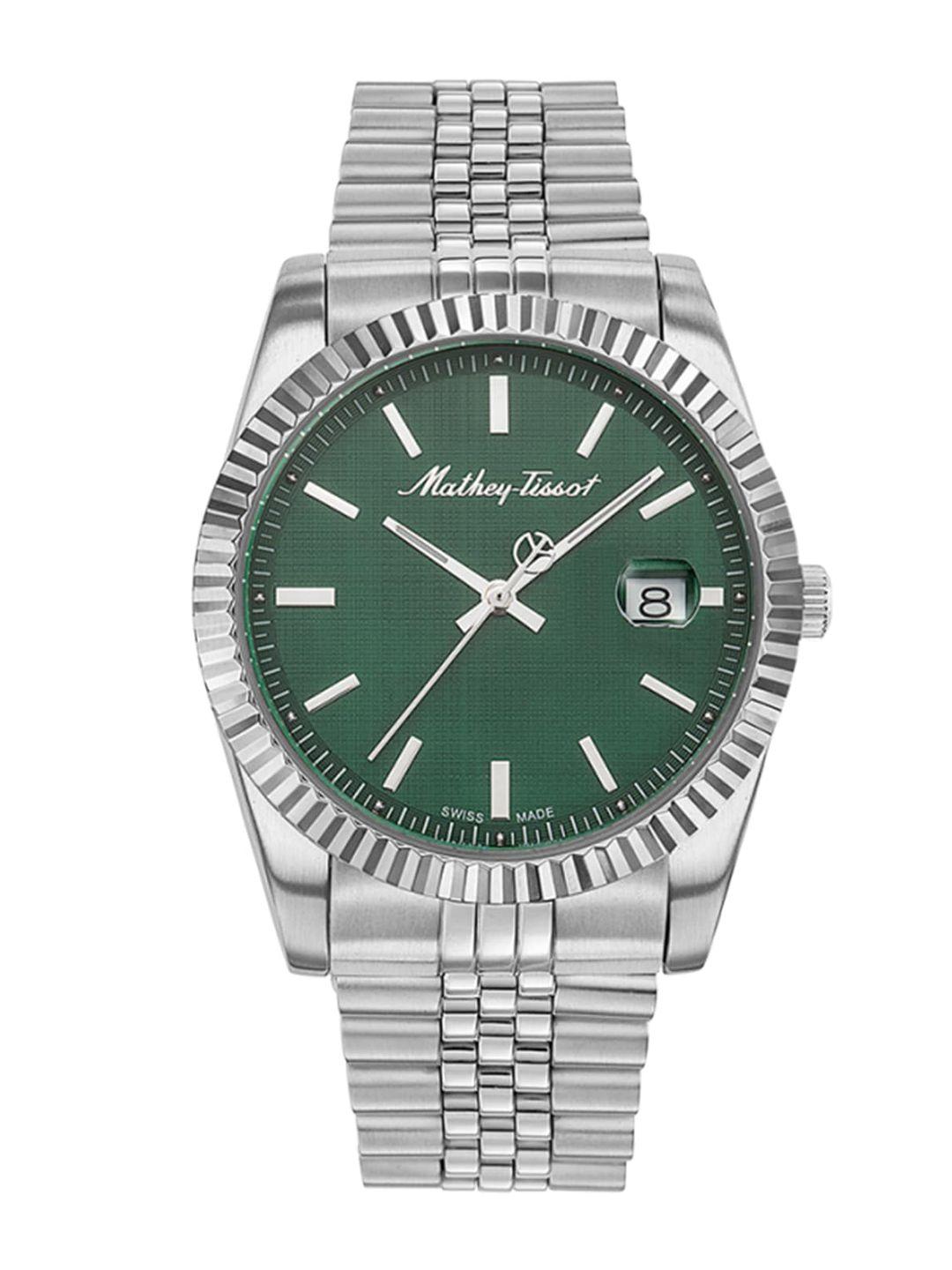 mathey-tissot men green brass dial & silver toned stainless steel bracelet style straps analogue watch