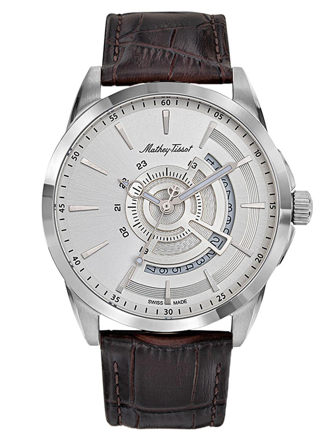mathey-tissot men silver-toned brass dial & black leather textured straps analogue watch