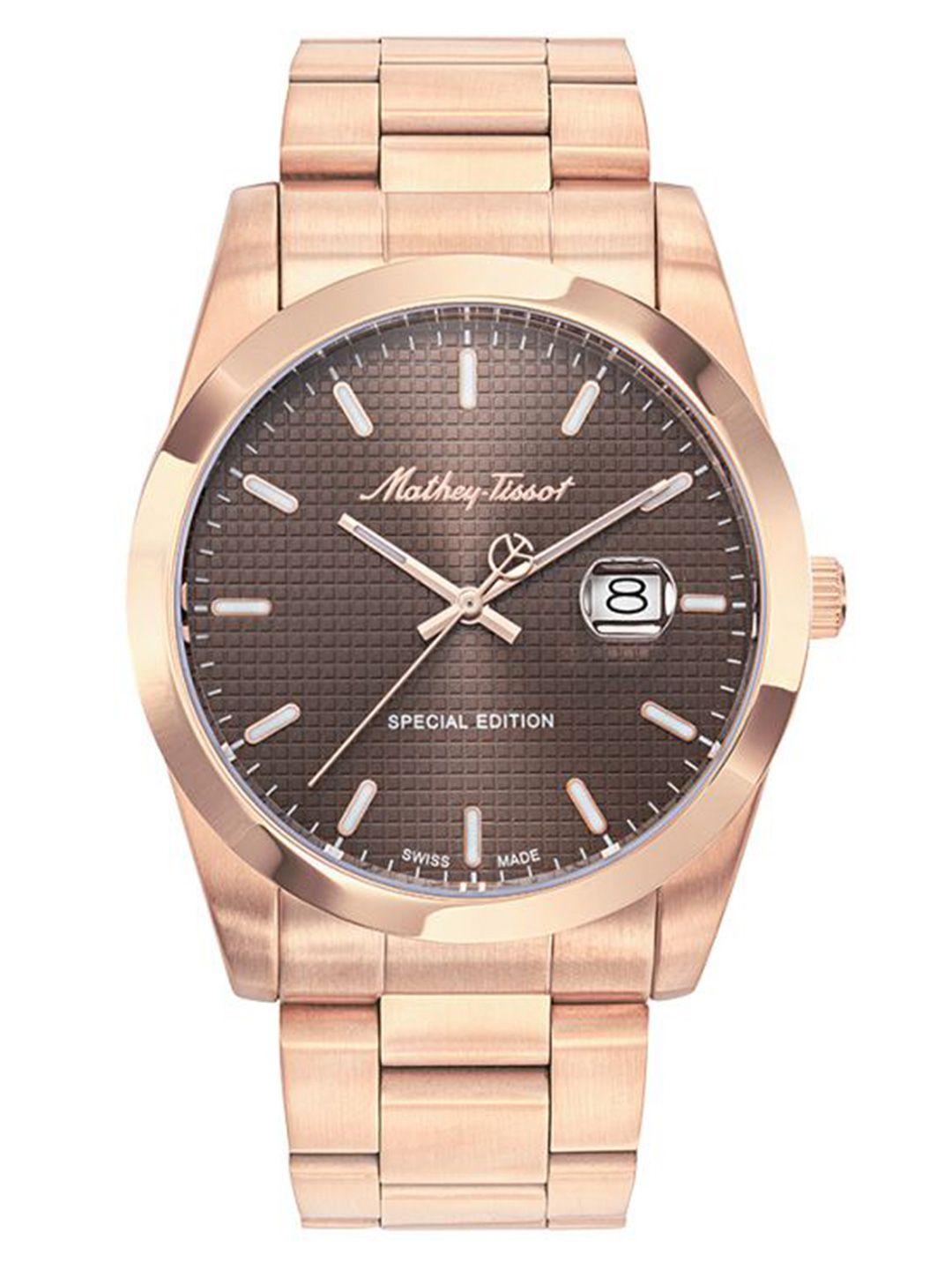 mathey-tissot men brown dial & rose gold toned  straps analogue watch h452prm-brown