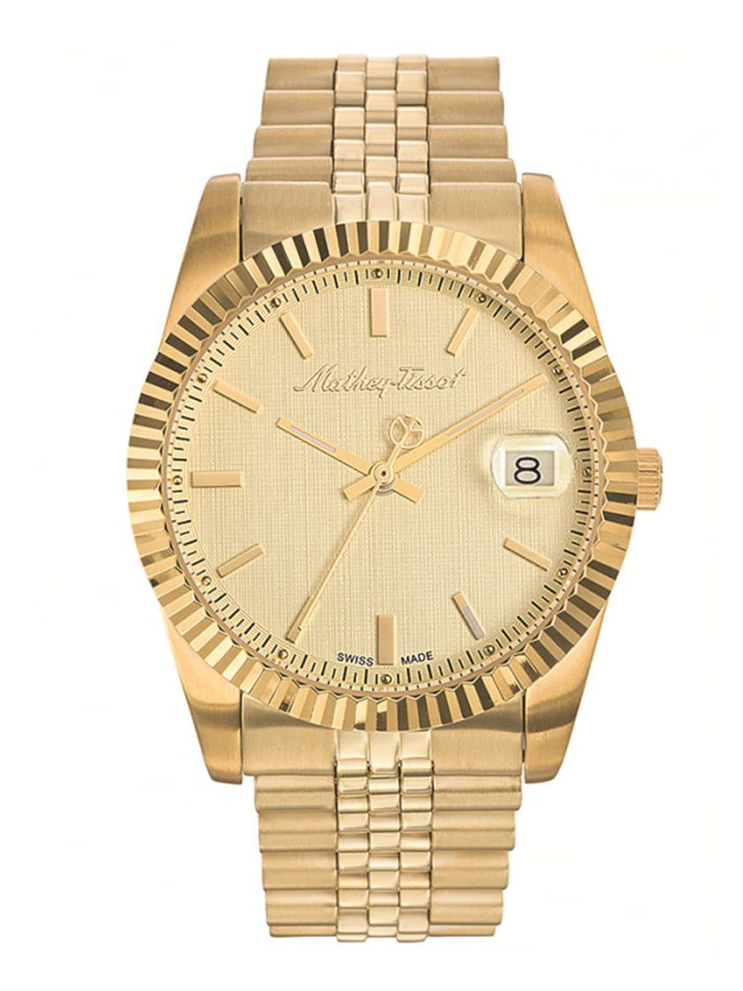 mathey-tissot men gold-toned brass dial & gold toned stainless steel bracelet style straps analogue watch