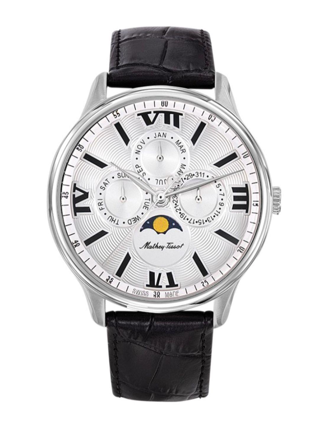 mathey-tissot men silver-toned brass patterned dial & black leather straps analogue watch