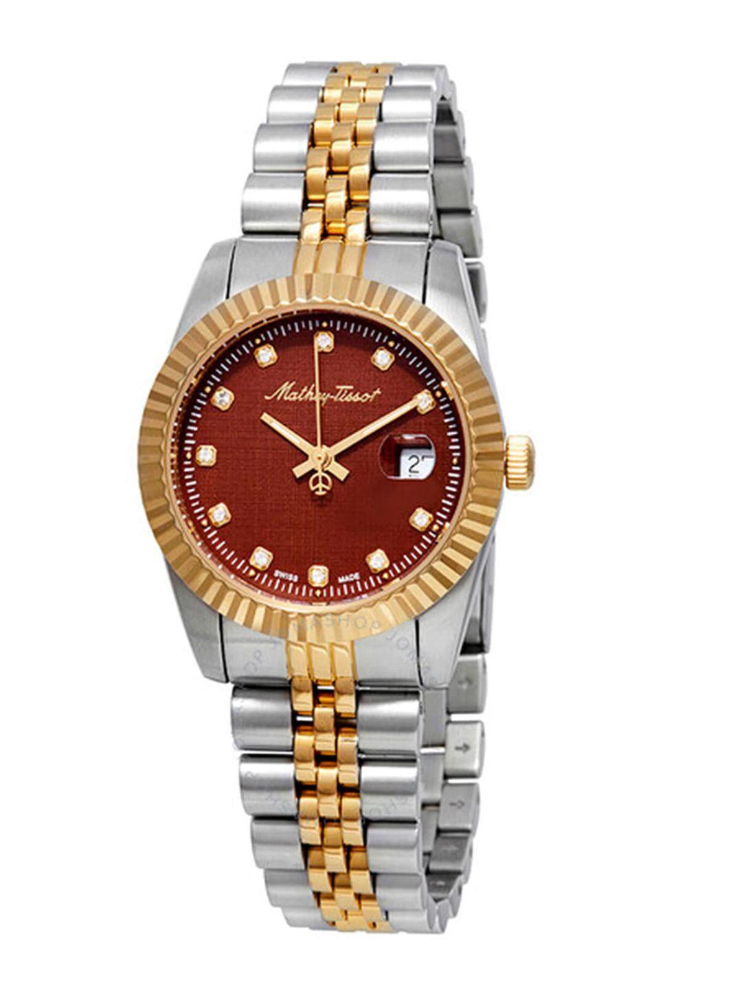 mathey-tissot women brown embellished dial & silver stainless steel bracelet straps watch
