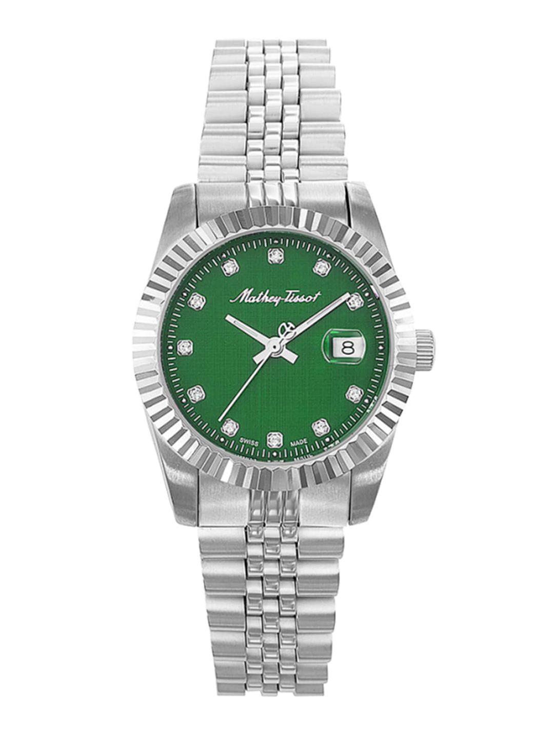 mathey-tissot women green brass dial & silver toned analogue watch - d810av