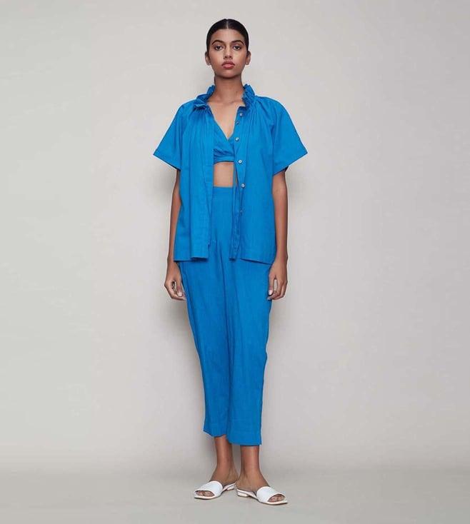 mati blue tora shirt with bralette & pants (set of 3)