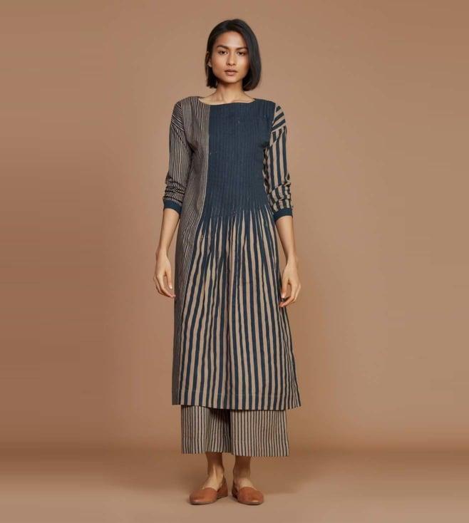 mati brown with charcoal striped pleated dress