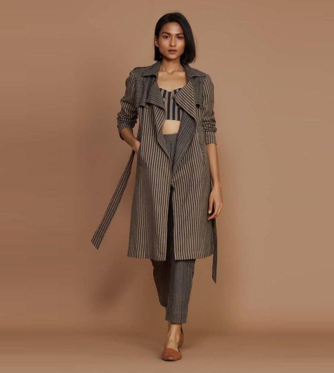 mati brown with charcoal striped trench & corset co-ord set (3 pcs)