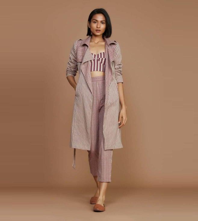 mati ivory with mauve striped trench & corset co-ord set (3 pcs)