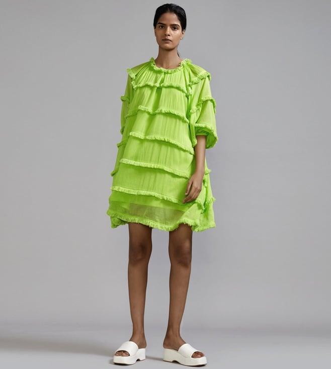 mati neon green fringed short dress