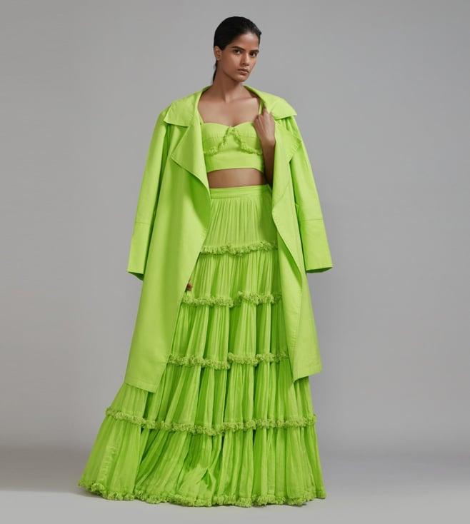 mati neon green fringed tiered lehenga jacket set - (3 pcs)