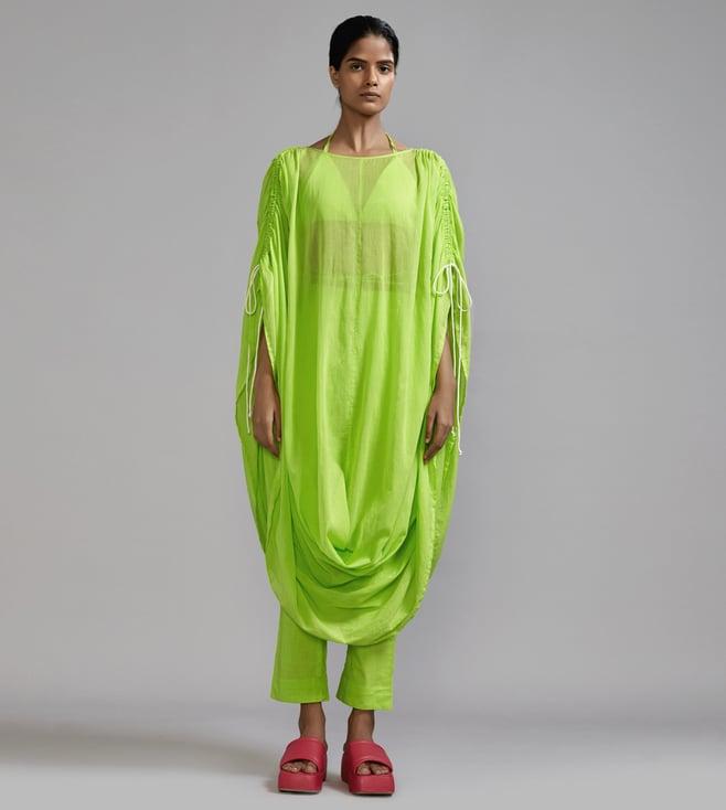 mati neon green gathered cowl tunic set - (3 pcs)