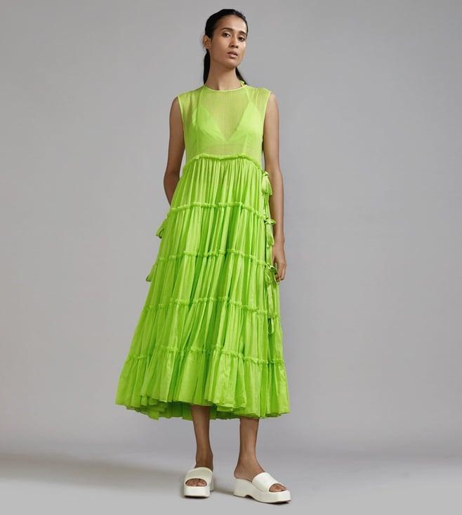 mati neon green tiered tie tunic set - (3 pcs)