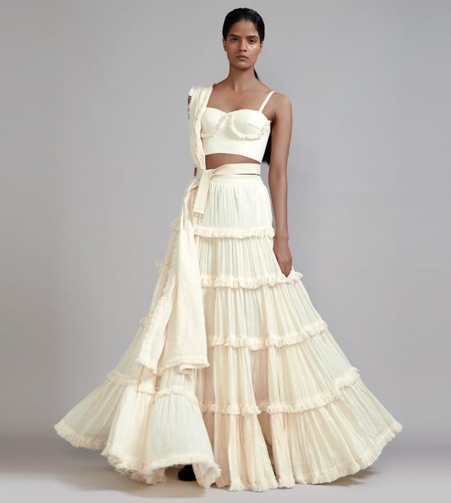 mati off-white fringed tiered lehenga set - (3 pcs)