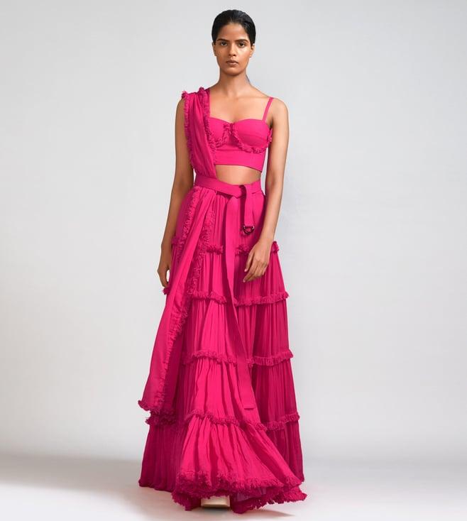 mati pink fringed tiered lehenga set - (3 pcs)