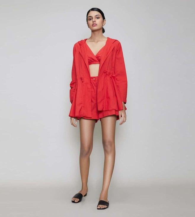 mati red hooded jacket and bralette with shorts (set of 3)