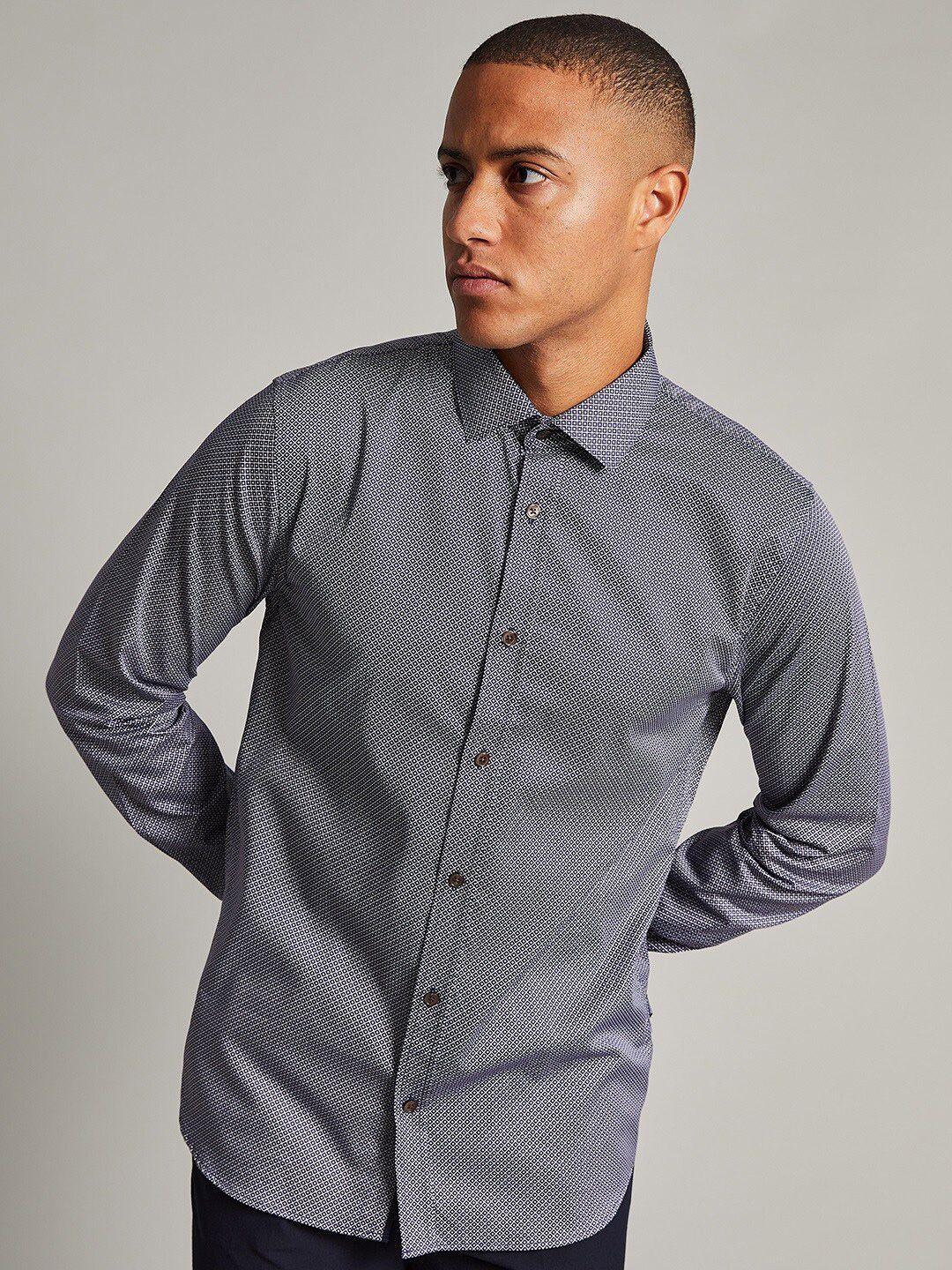 matinique men blue & white geometric printed cutaway collar pure cotton casual shirt