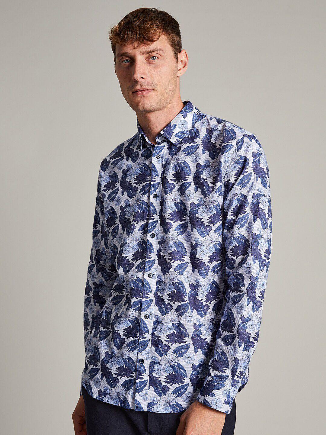 matinique men blue regular fit floral printed cotton casual shirt