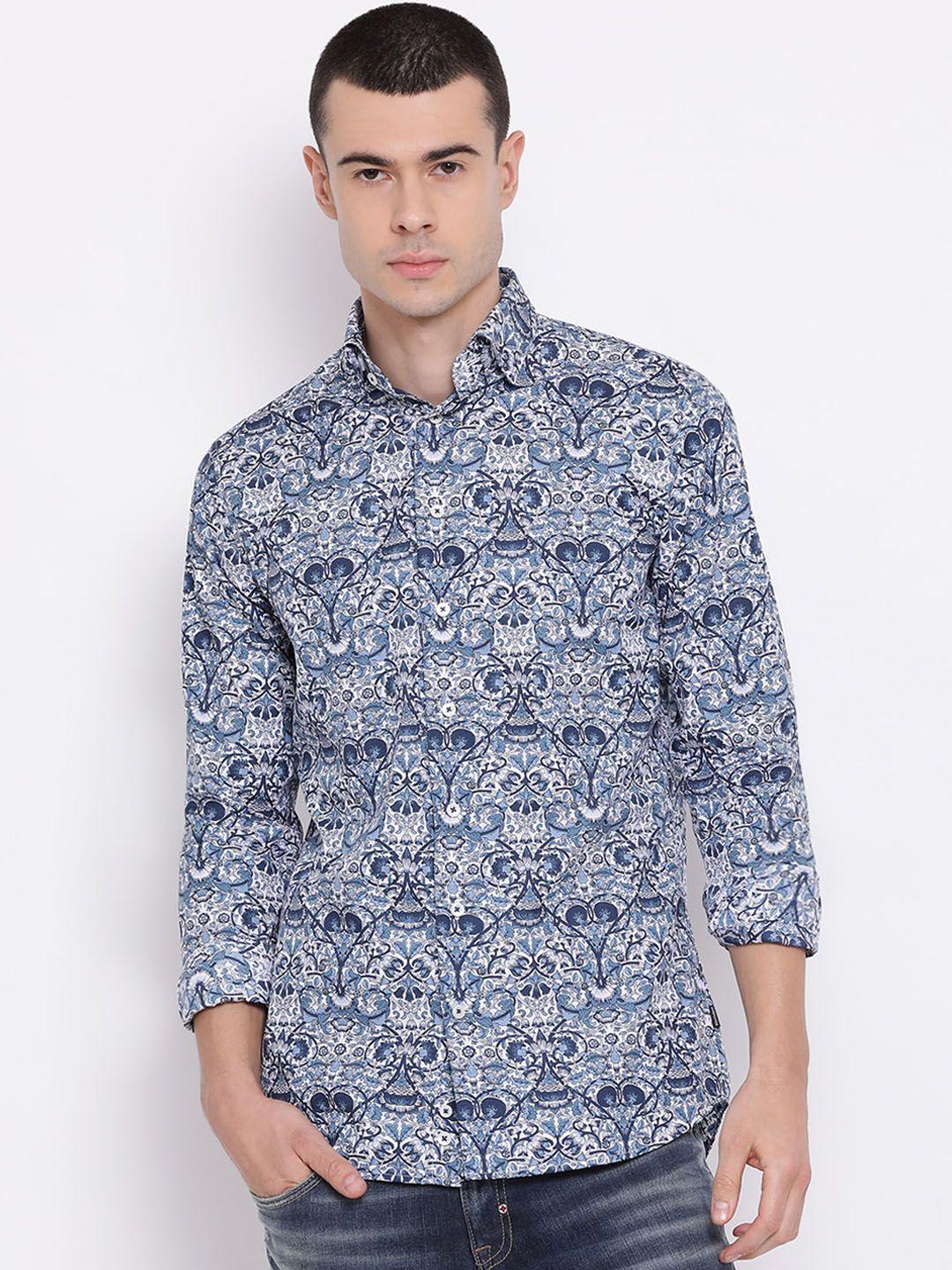 matinique men blue slim fit printed cotton casual shirt