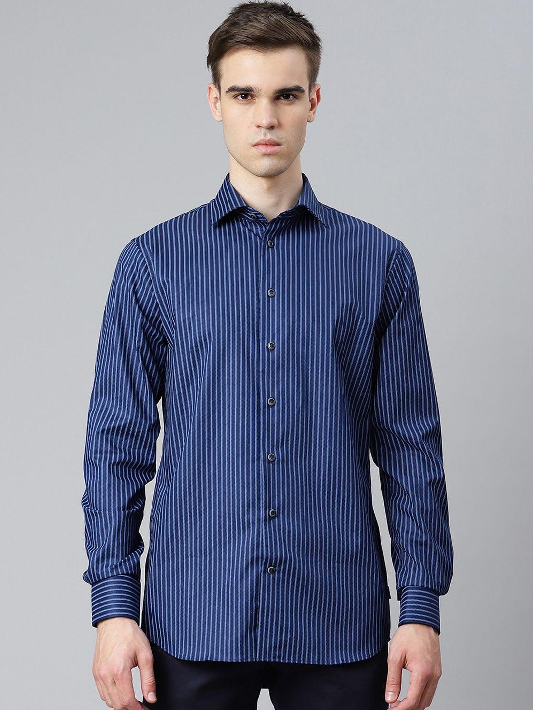 matinique men navy blue opaque striped semiformal shirt