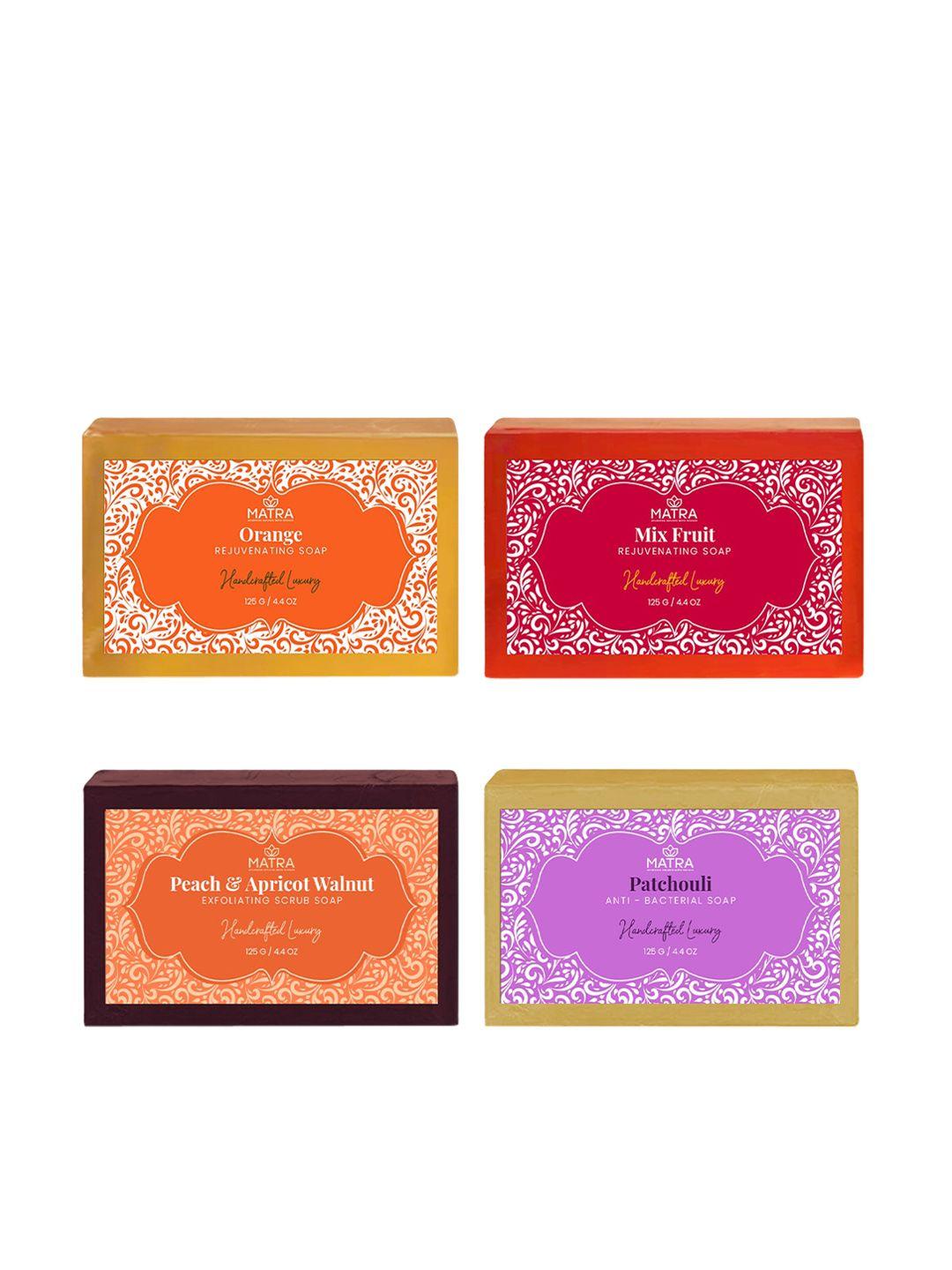 matra set of 4 bathing soaps - mix fruit + peach-apricot + orange + patchouli - 125g each