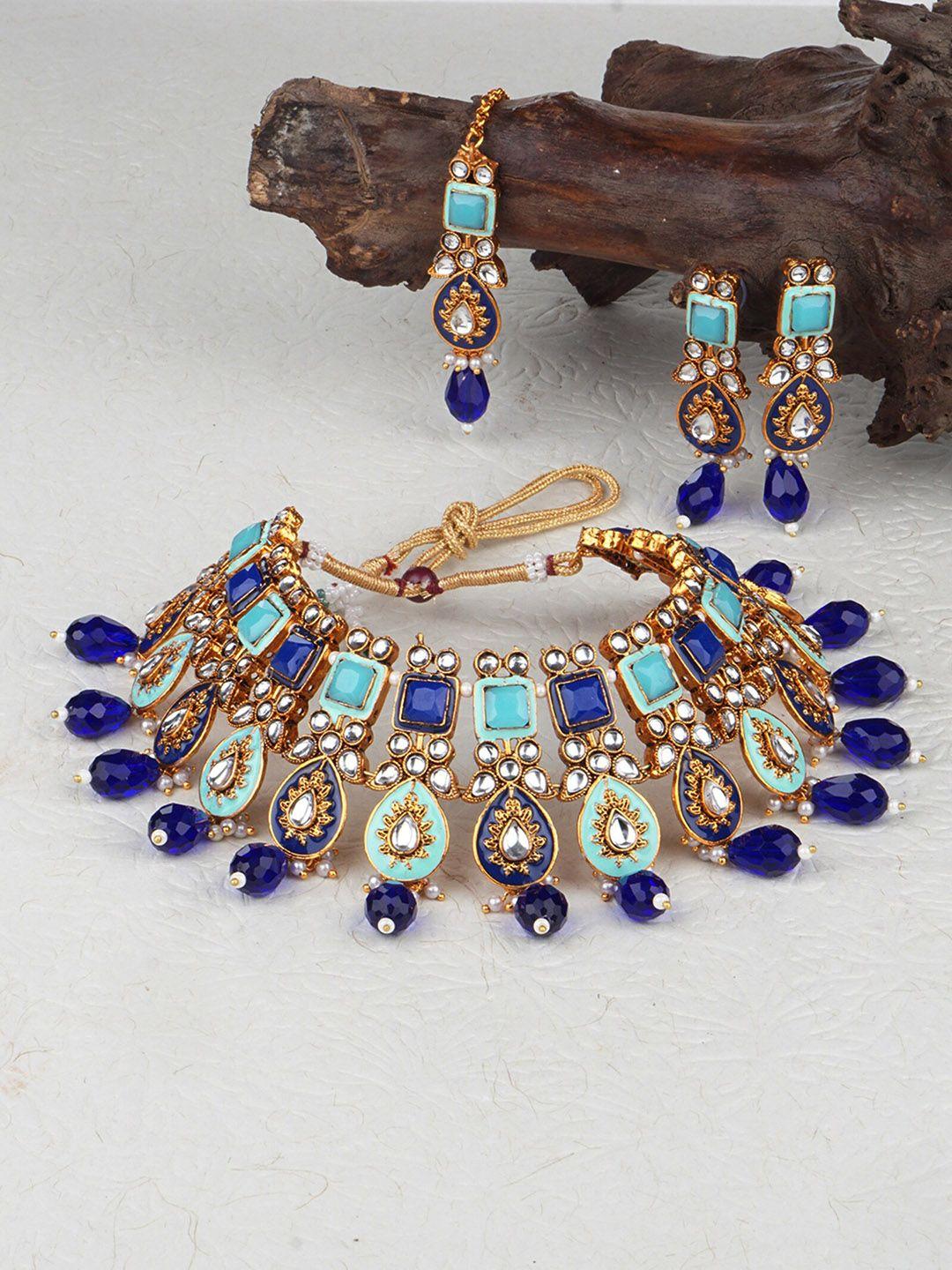 matushri art gold-plated kundan studded & beaded enamelled choker necklace & earring set