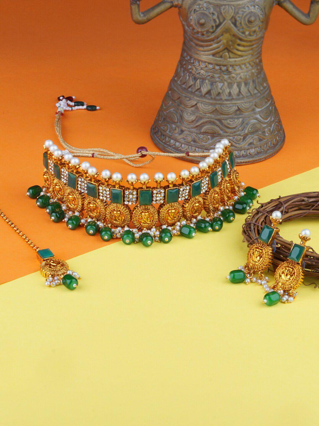 matushri art green & gold-plated kundan choker necklace set