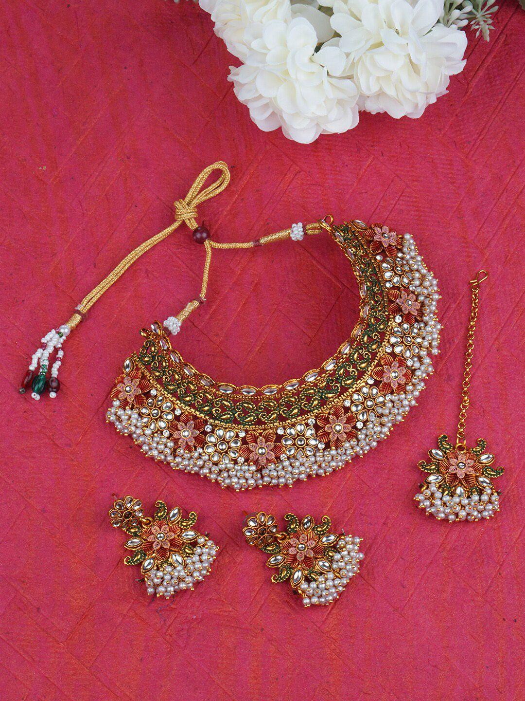 matushri art indian gold plated kundan studded pearl choker necklace set