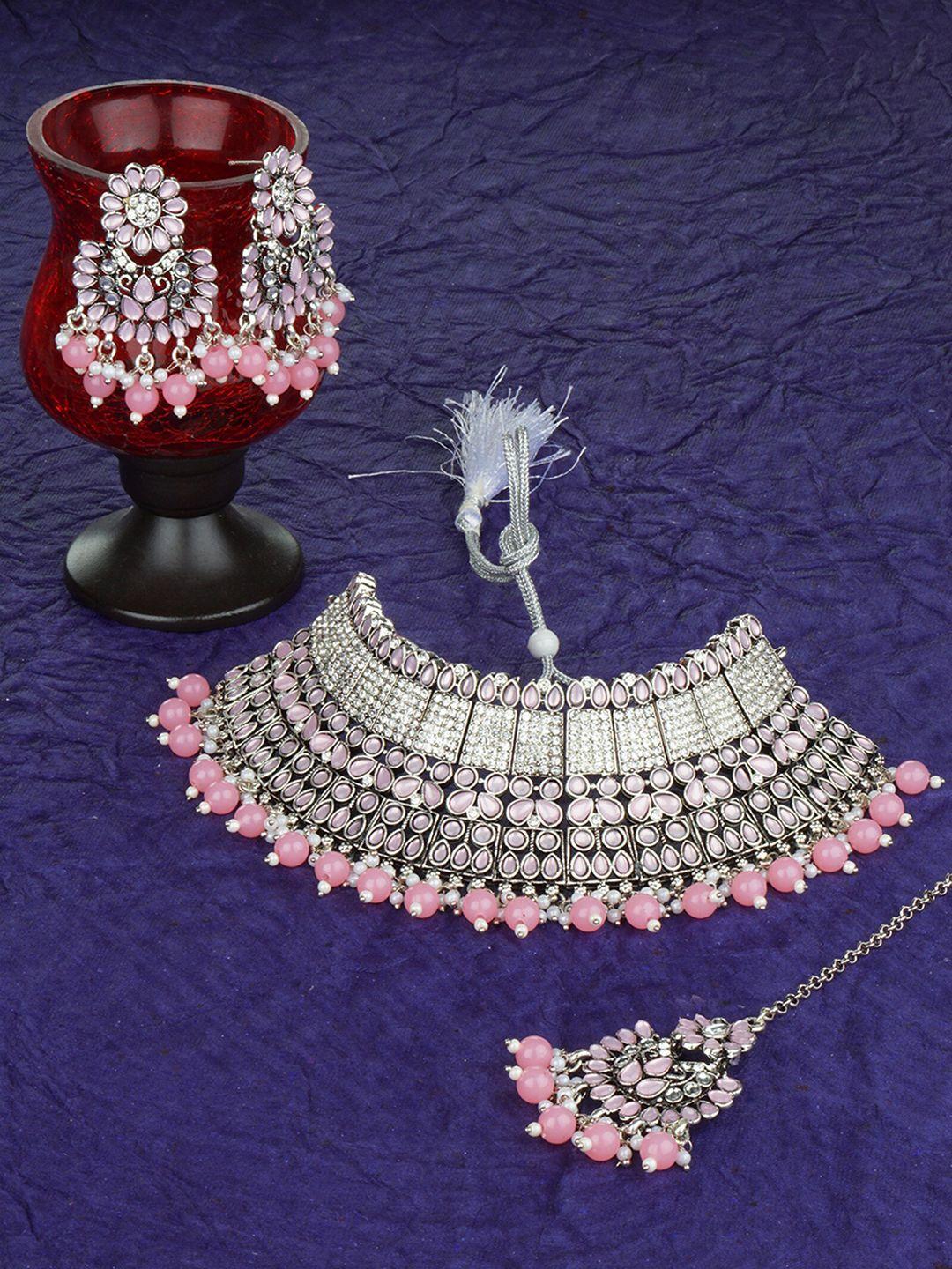 matushri art silver-plated traditional studded choker jewellery set