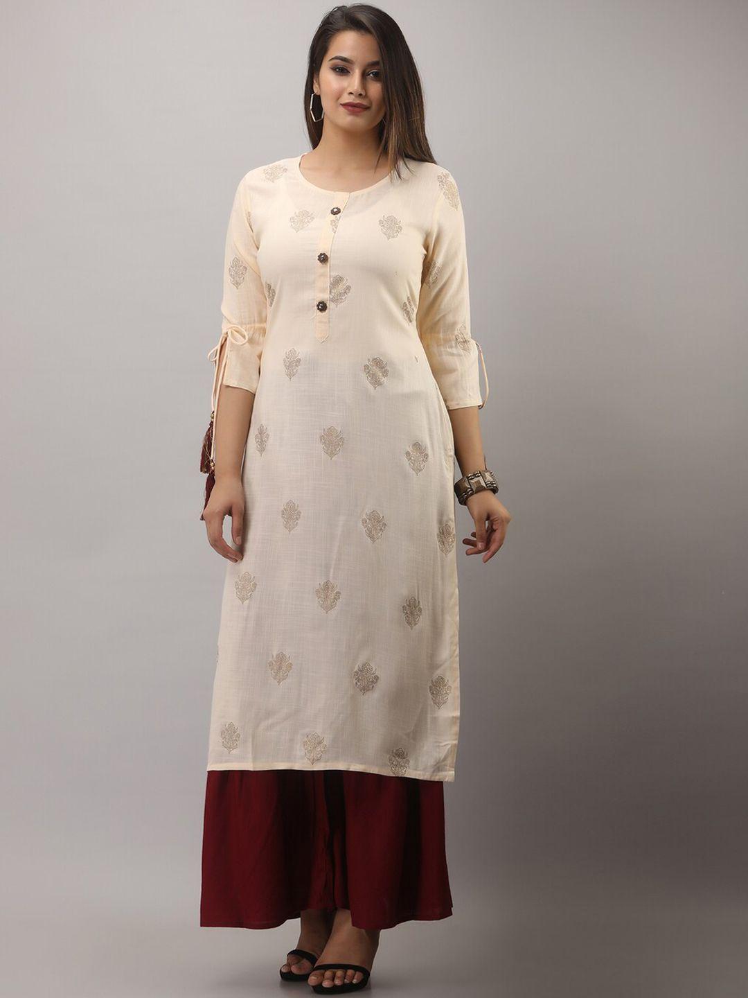 mauka women cream-coloured floral embroidered pleated kurti with palazzos