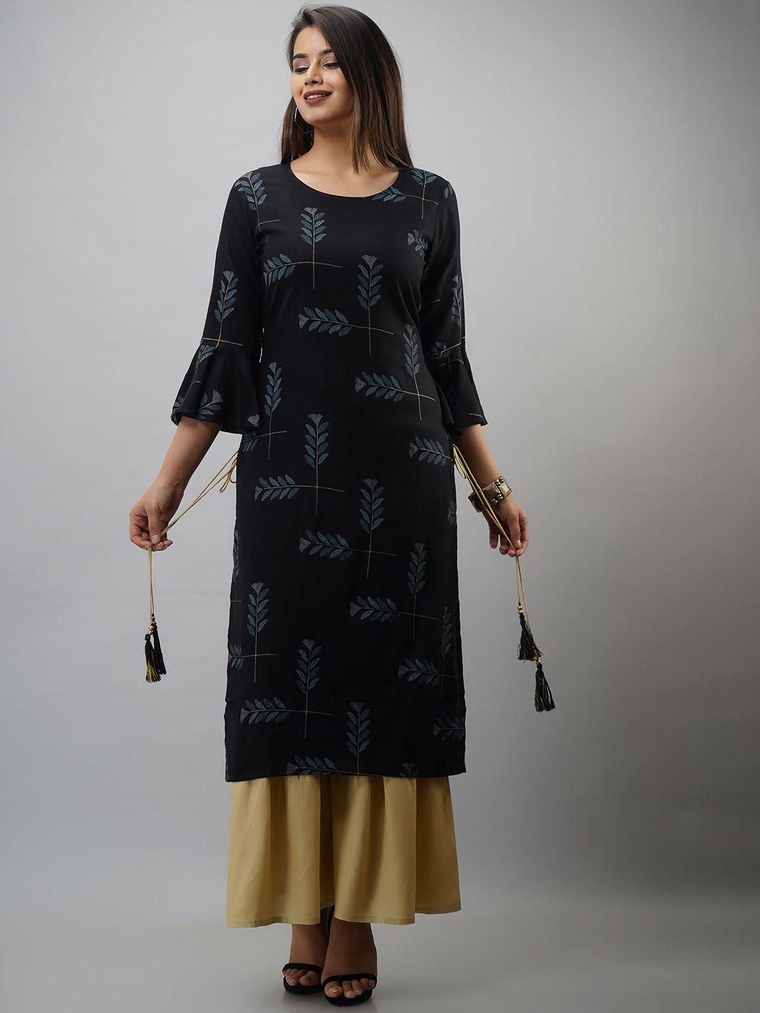 mauka ethnic motifs printed bell sleeves straight kurta with sharara