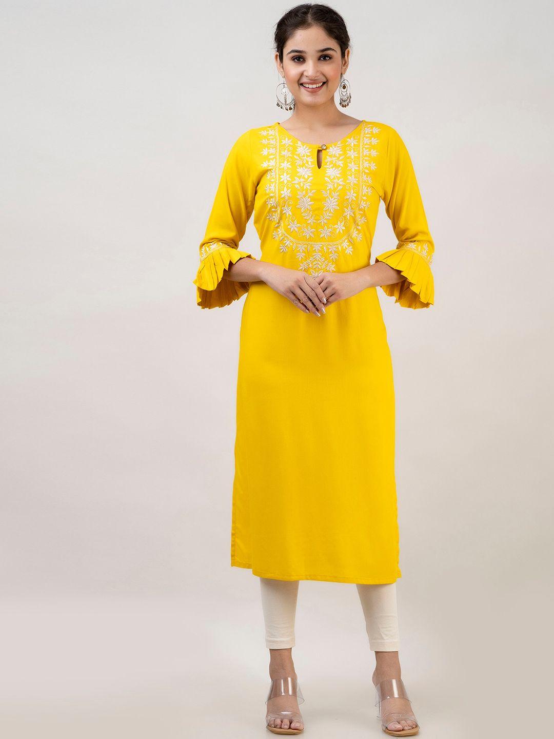 mauka floral embroidered bell sleeves straight kurta