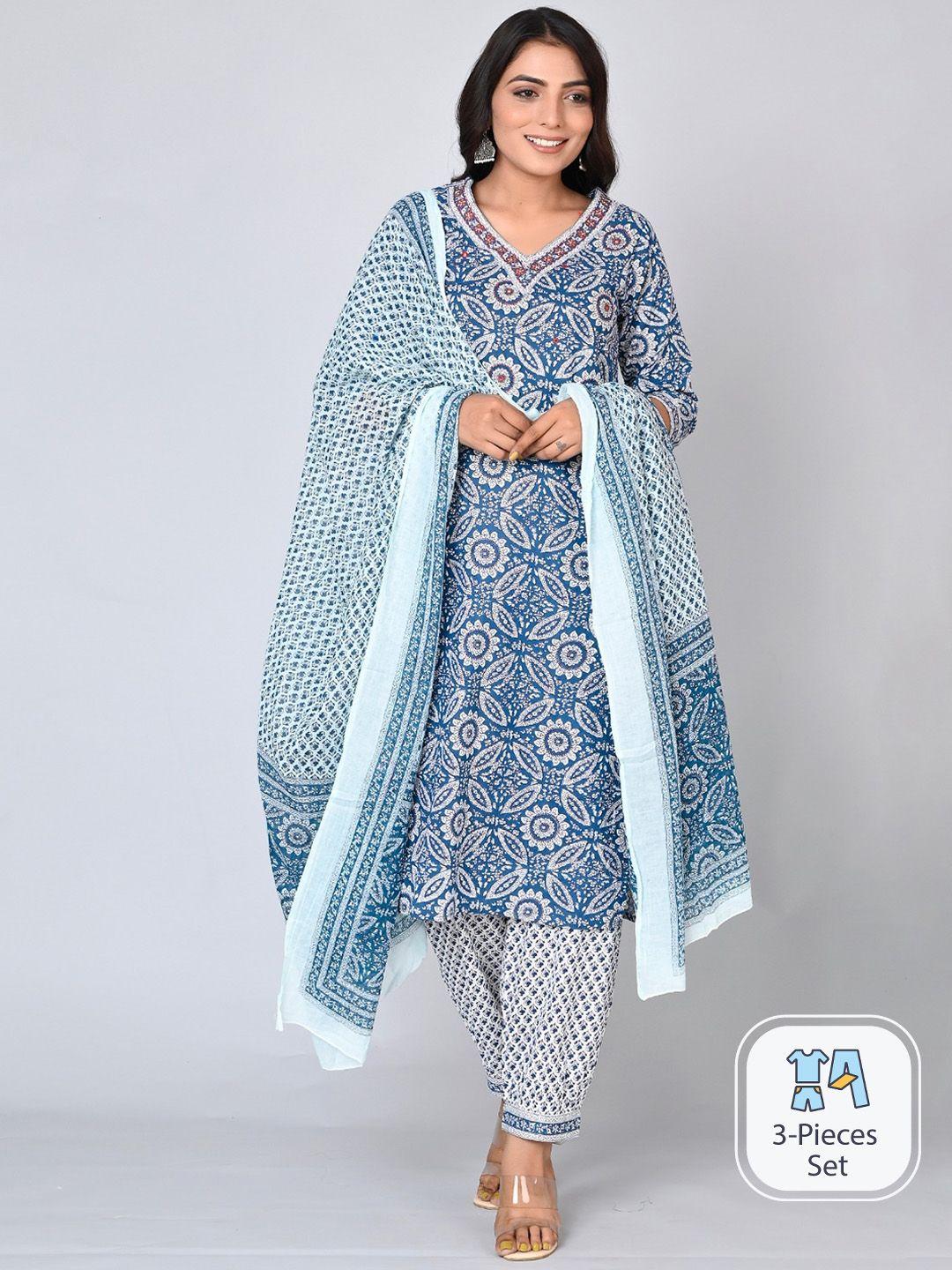 mauka floral printed regular pure cotton kurta with harem pants & dupatta