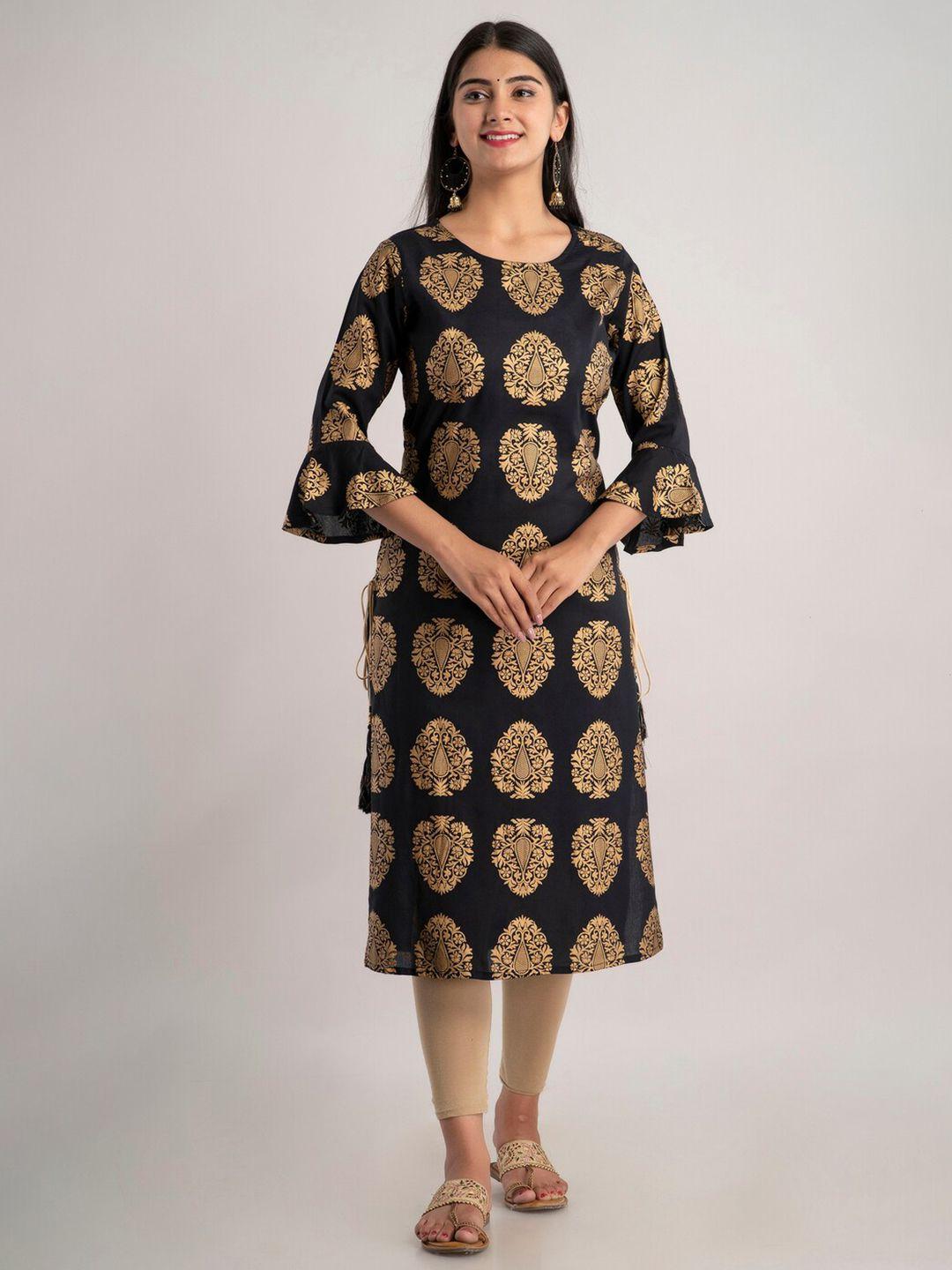 mauka women black & gold-toned ethnic motifs printed bell sleeves kurta