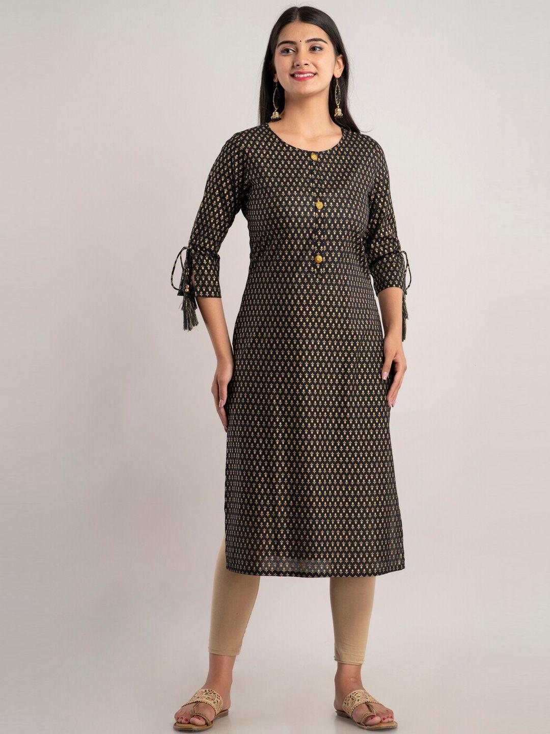 mauka women black & gold-toned ethnic motifs printed kurta