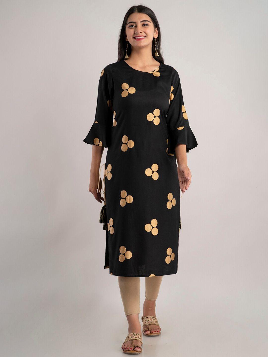 mauka women black & gold-toned geometric printed bell sleeves kurta