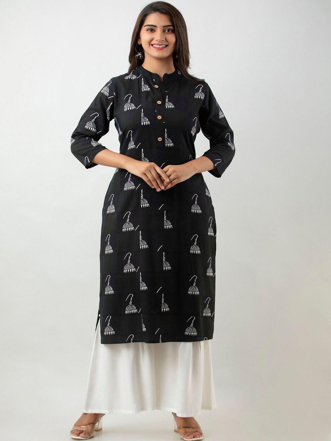 mauka women black & white ethnic motifs printed straight kurta with sharara