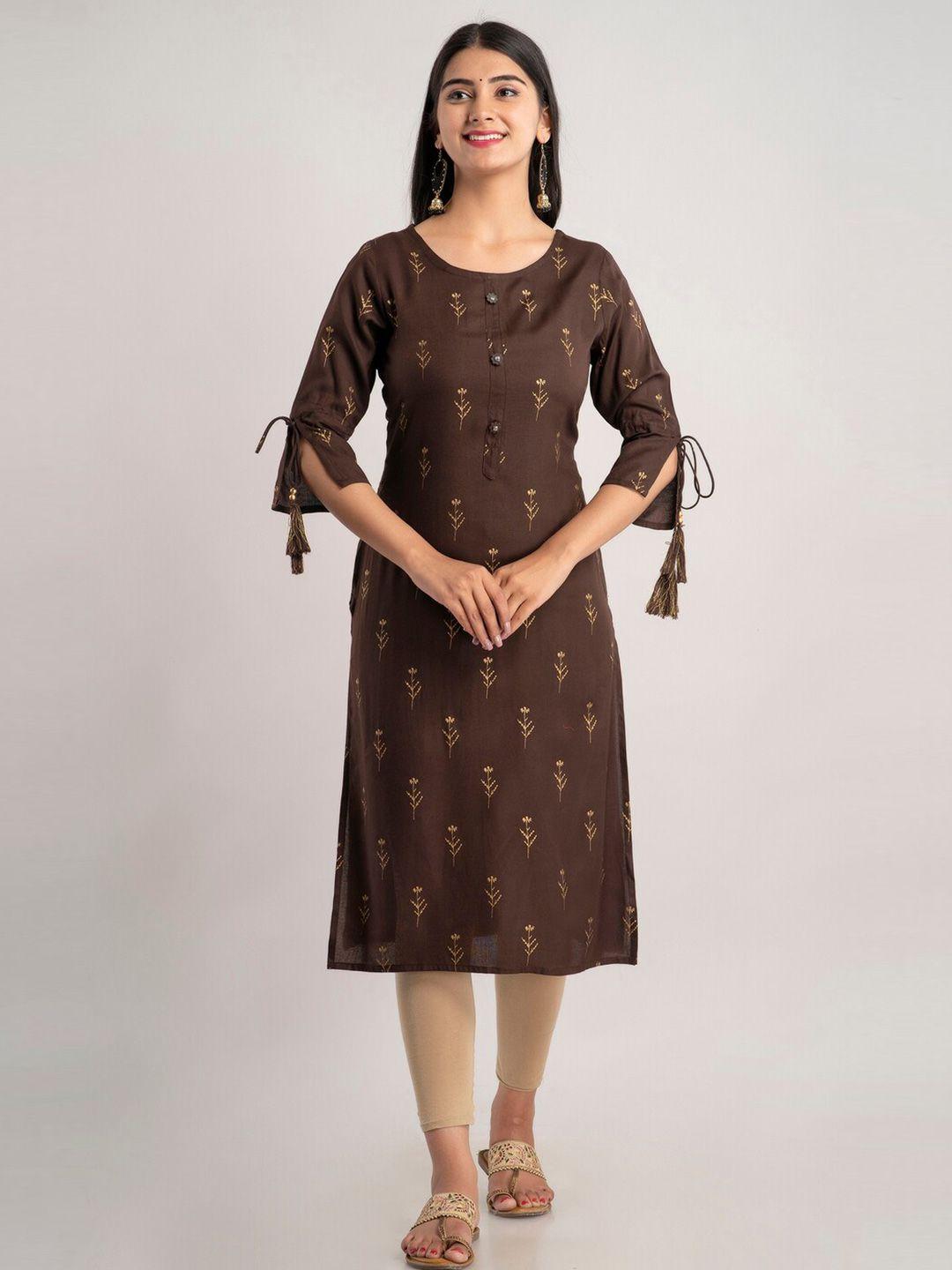 mauka women brown & gold-toned floral printed kurta