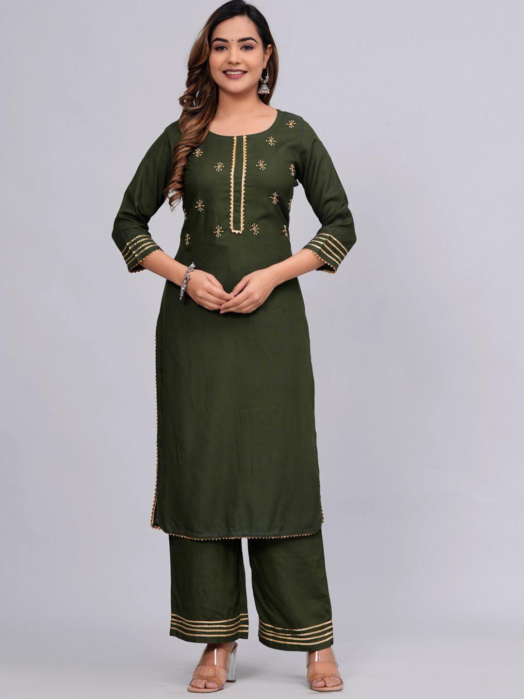 mauka women green regular kurta with palazzos